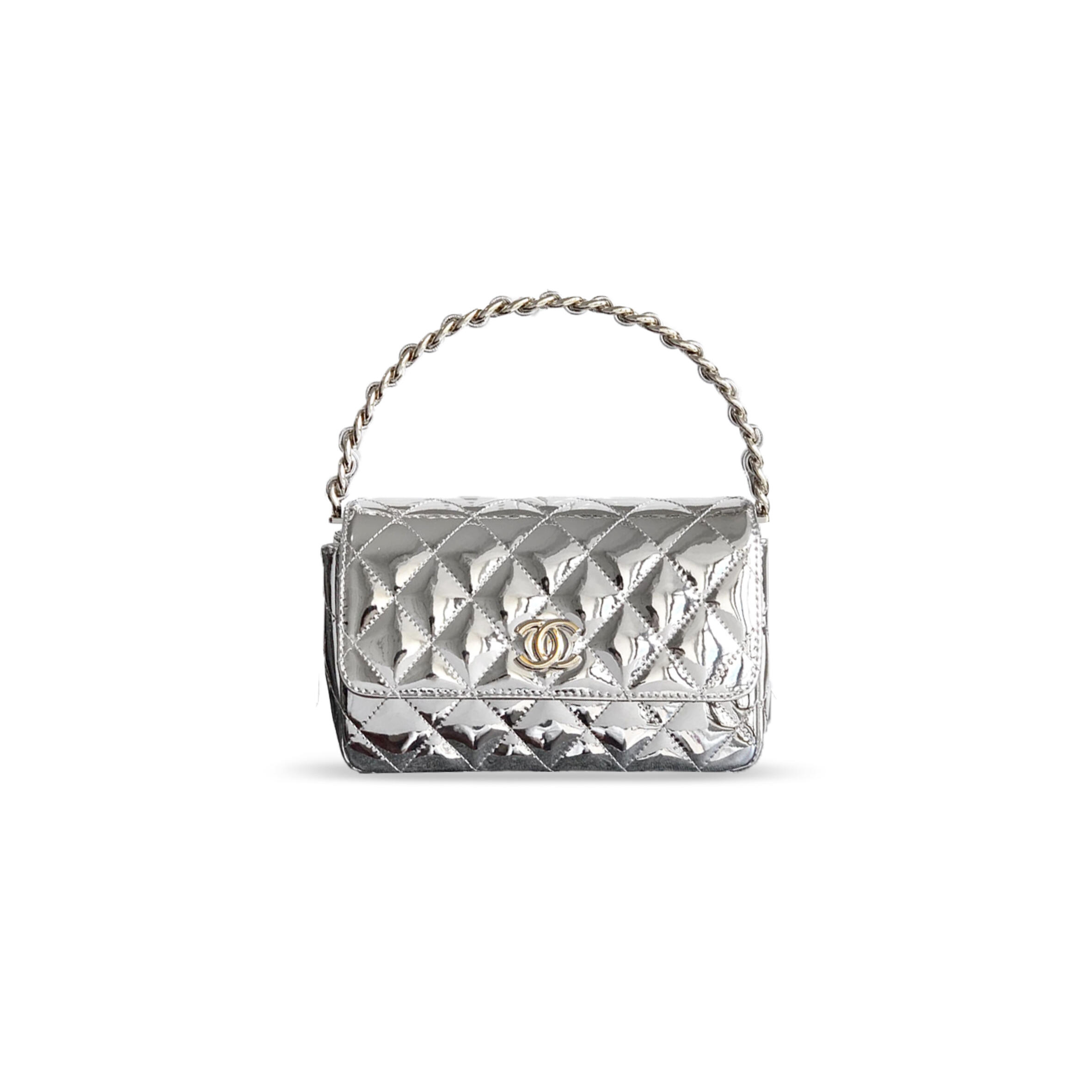 Ch*el handle flap bag patent calfskin & gold metal silver 496587 (18.5*10.5*8cm)